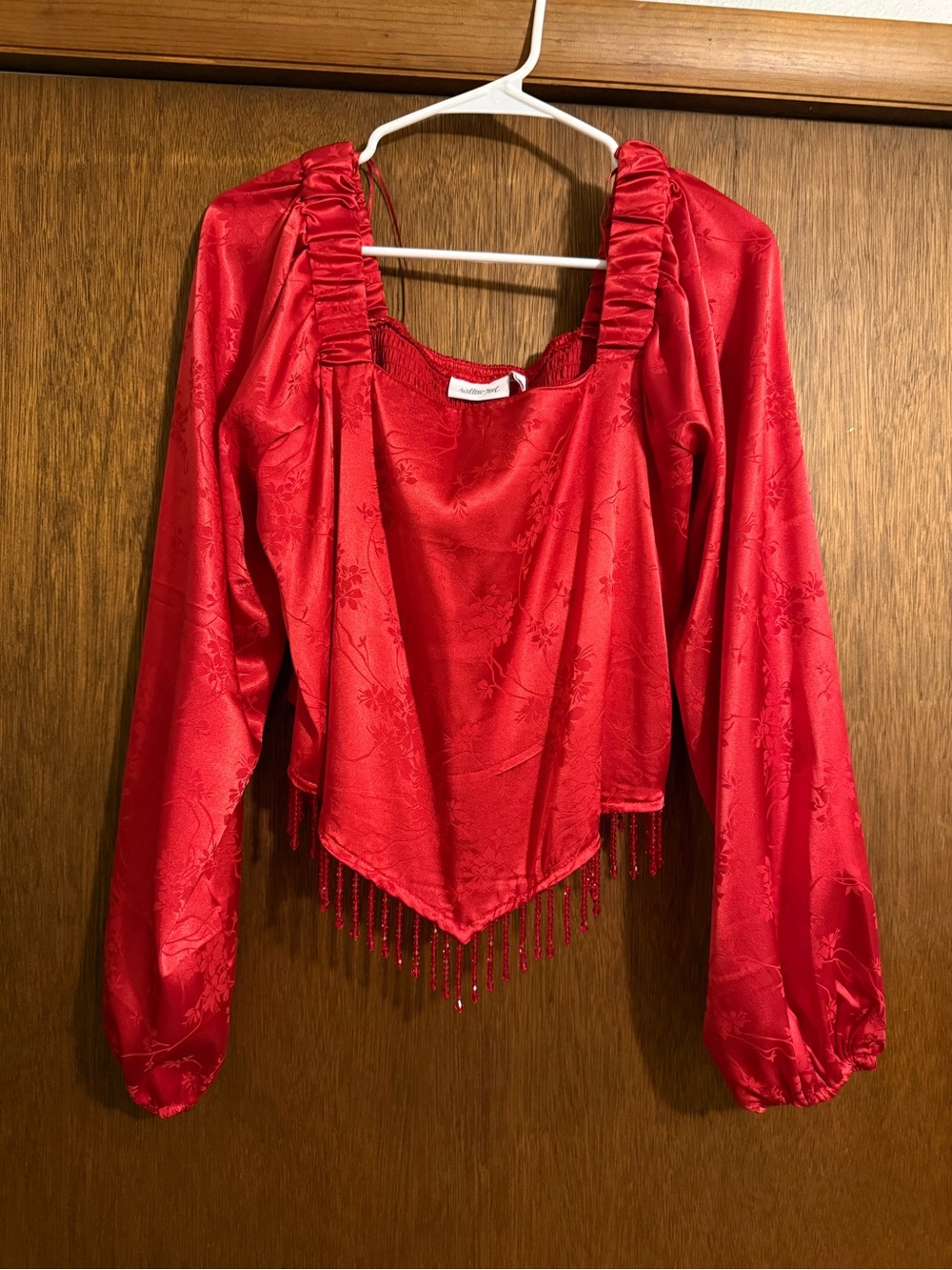 Red Long-Sleeve Beaded Satin Top